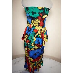Vintage Mr. Blackwell 100% Silk Strapless Peplum Wiggle Dress – Multicolor Flora